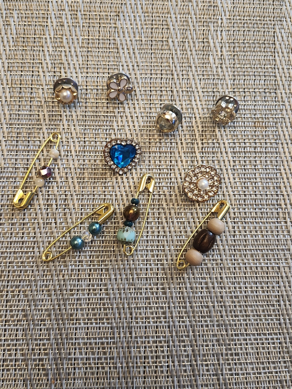 Hand Crafted Gold-Tone Brooch Set with Blue Heart and Turquoise Beads